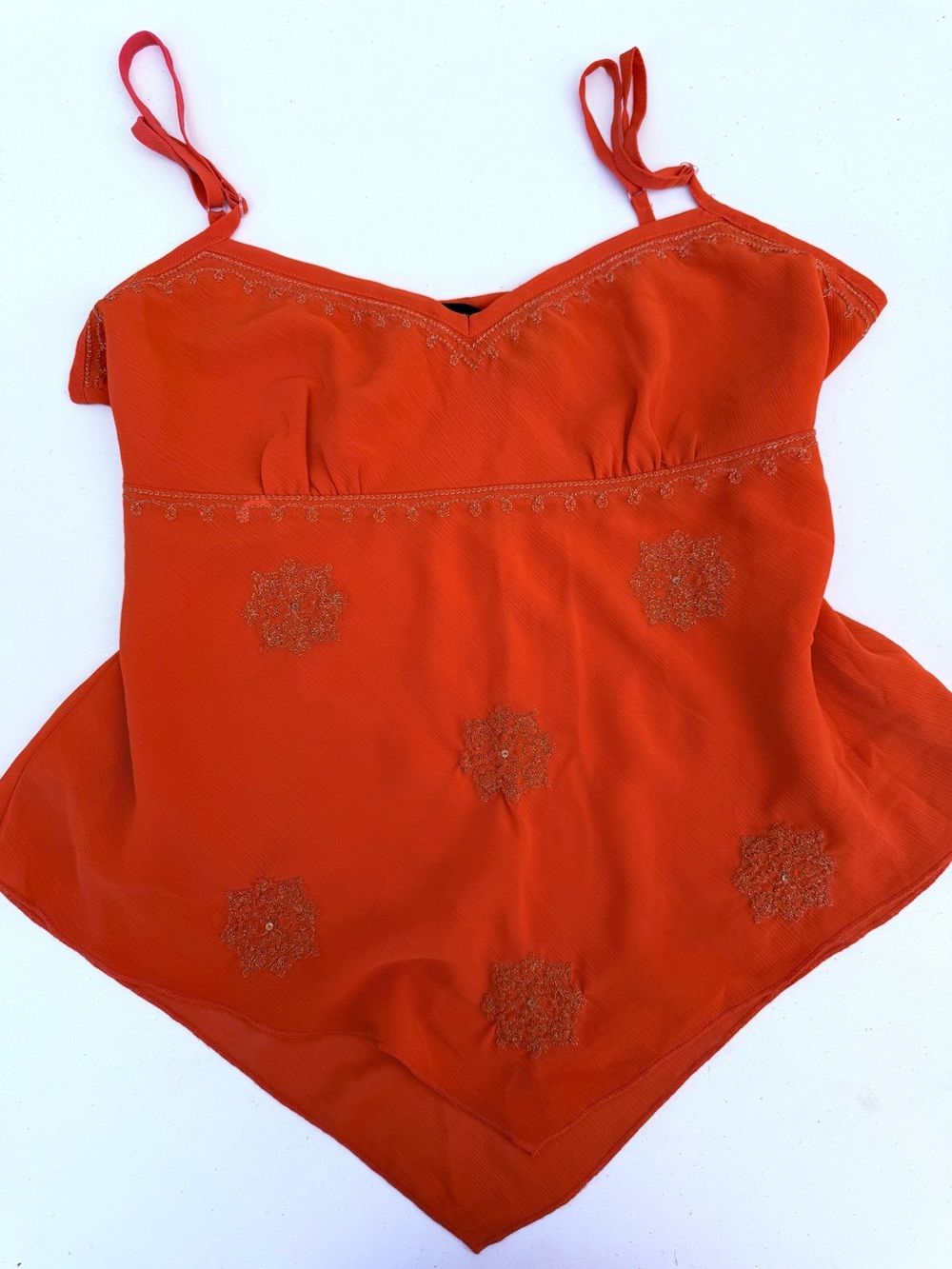 New York & Company Orange Embellished Handkerchief-Hem Cami